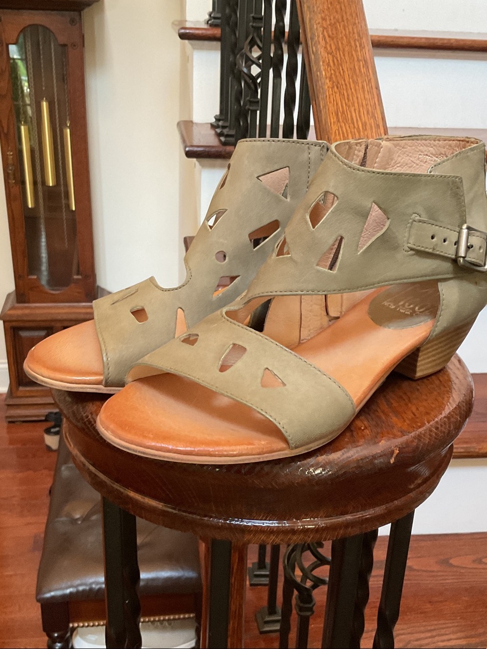 Miz Mooz Soft Leather Light Olive Cutout Block Heel Sandals
